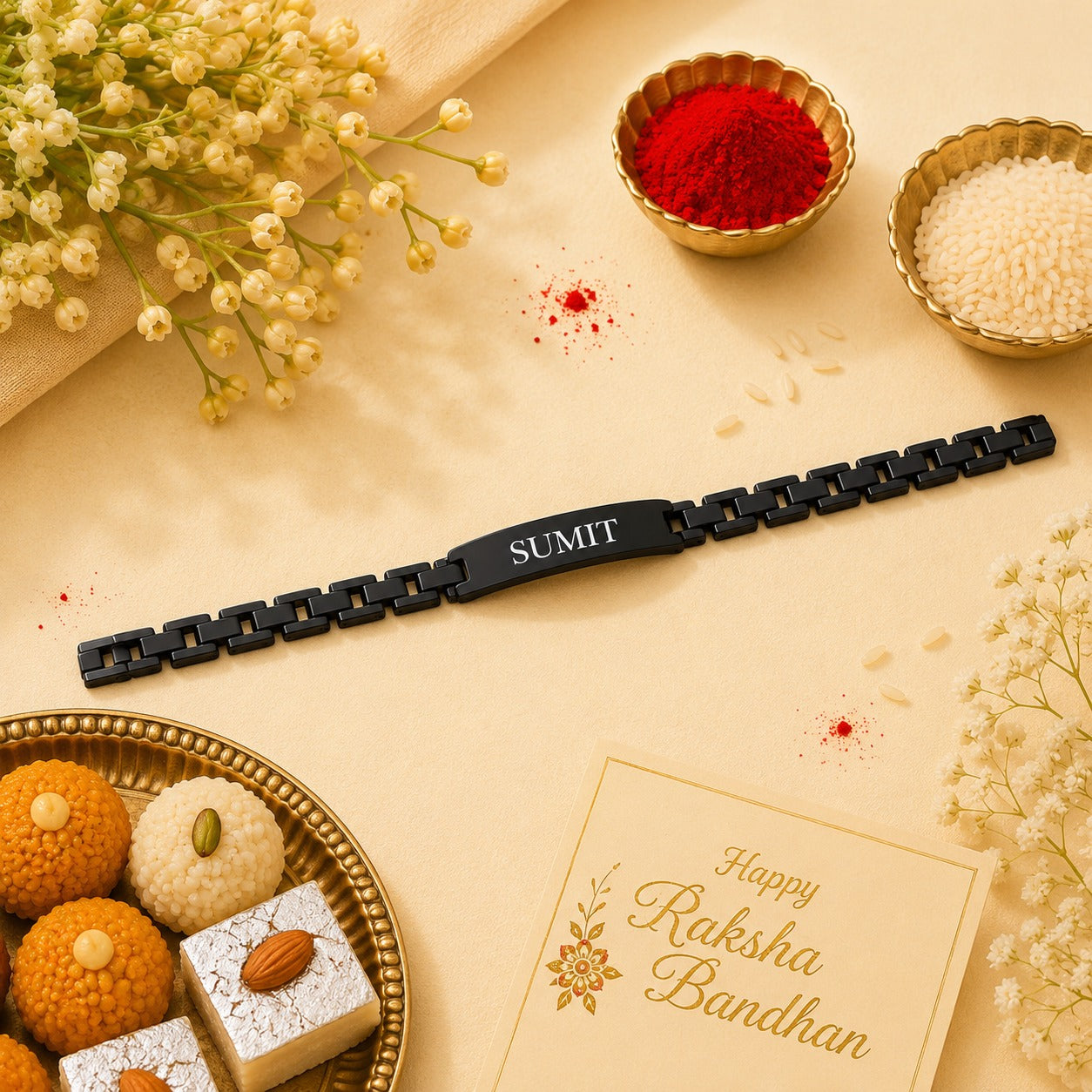 Personalised Metal Braclet Rakhi Black | Ozora