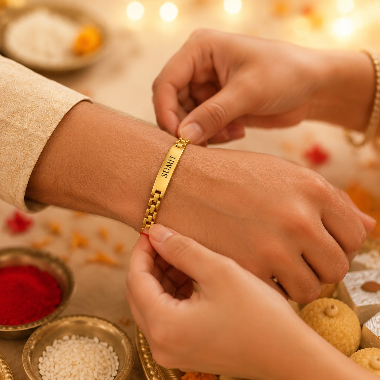 Personalised Metal Braclet Rakhi Gold | Ozora