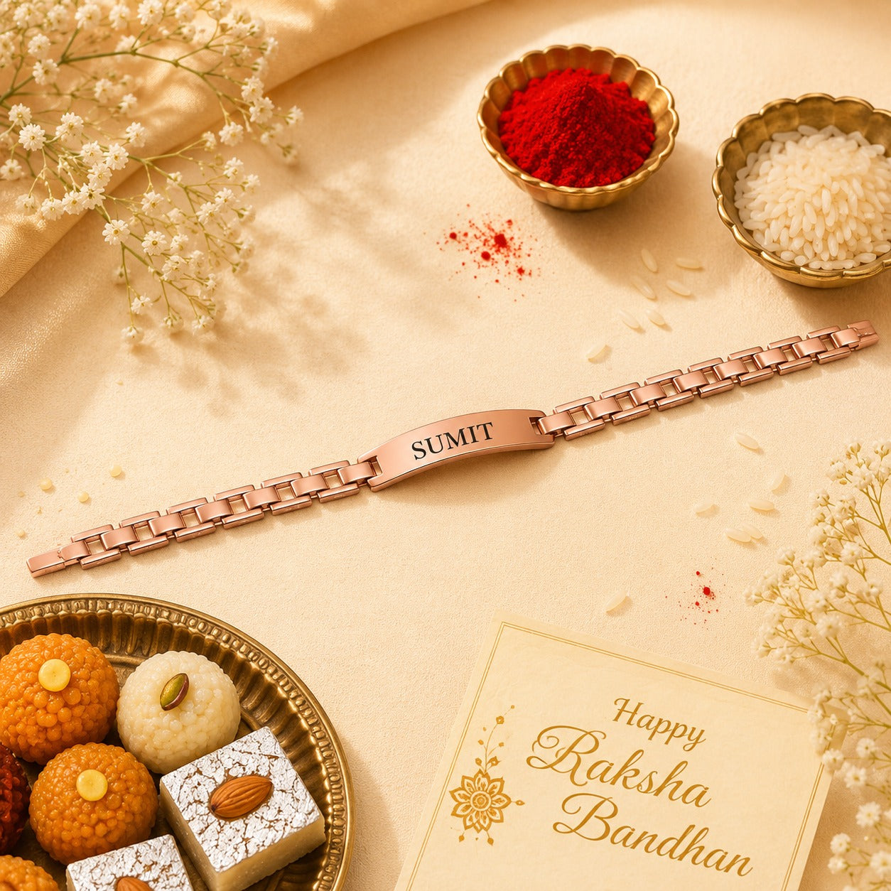 Personalised Metal Braclet Rakhi Rose Gold | Ozora