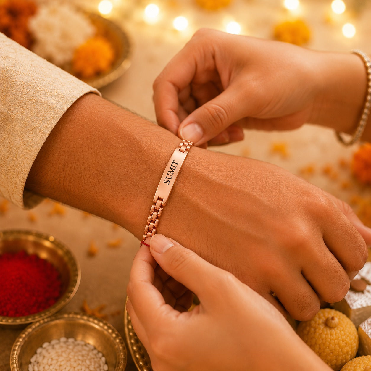 Personalised Metal Braclet Rakhi Rose Gold | Ozora